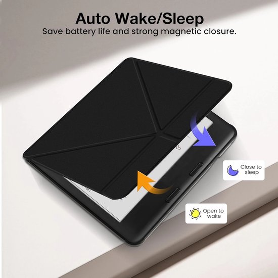 Beschermhoes Geschikt voor Kobo Libra Colour (2024) & Libra 2 - Vegan Leer Origami Standaard - Auto Slaap/Wake - Met Schermbeschermer - Zwart 6 Inch — afbeelding 3