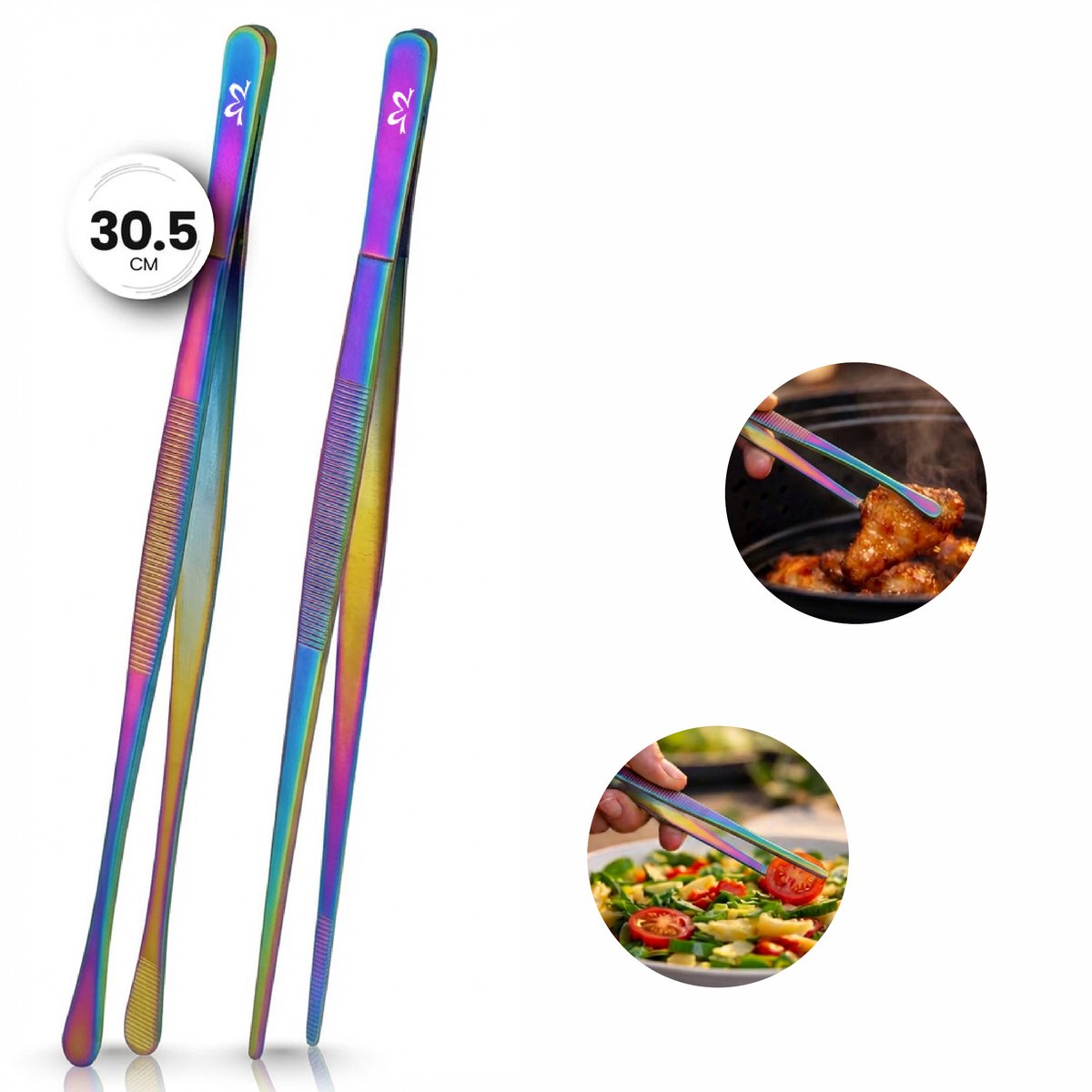 Keukenpincet RVS Set 2 Stuks – 30,5 cm – Pointed & Round – Vleestang & Keukentang voor BBQ en Dagelijks Gebruik – Rainbow