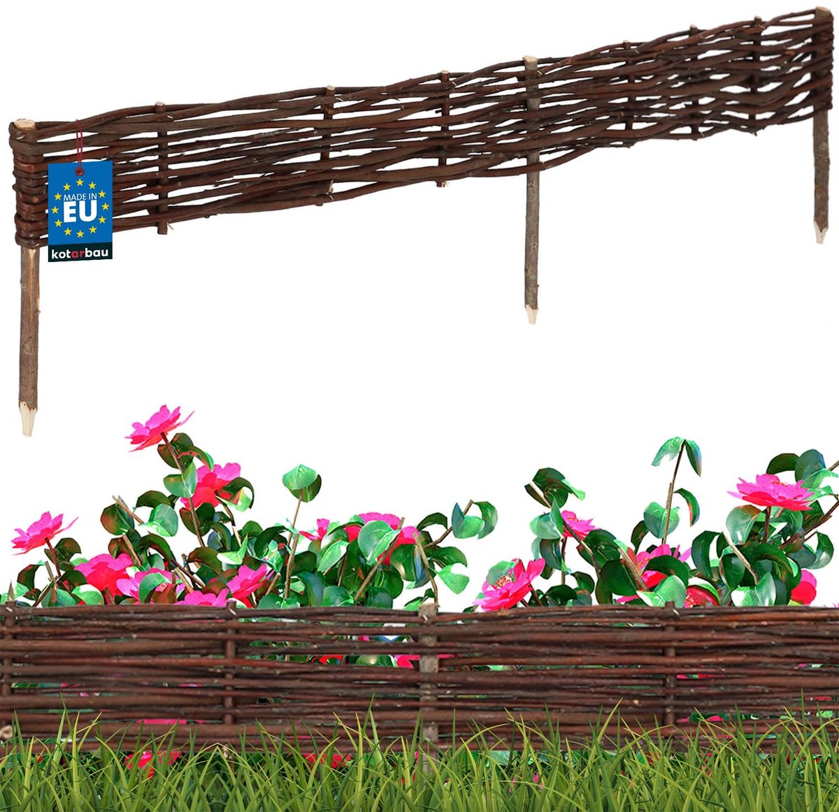KOTARBAU® Bloembedrand, Wilgenhouten Hek, Beeteinfassing, 120 x 10 cm, Bruin, Tuinafscheiding, Houten Tuinhek, Schapenhek