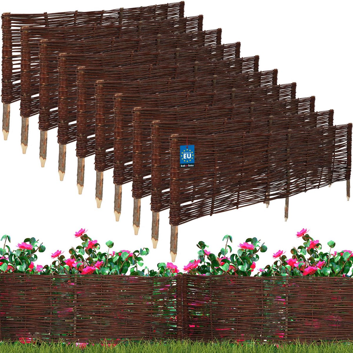 KOTARBAU® 10 st Bloembedrand, Wilgenhouten Hek, Beeteinfassing, 120 x 40 cm, Bruin, Tuinafscheiding, Houten Tuinhek, Schapenhek