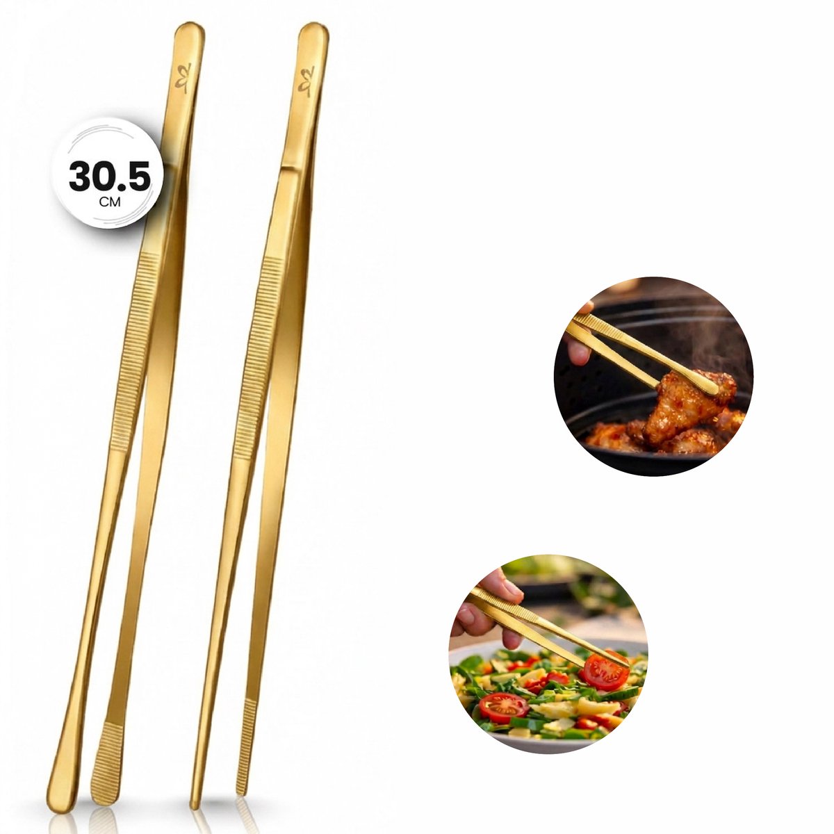 Keukenpincet RVS Set 2 Stuks – 30,5 cm – Pointed & Round – Vleestang & Keukentang voor BBQ en Dagelijks Gebruik - Goud
