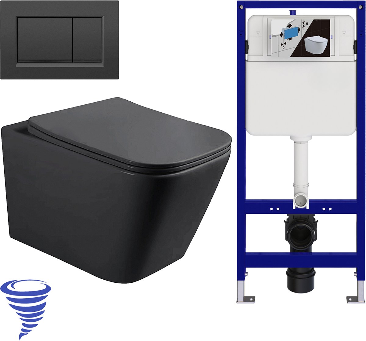 LOMAZOO Hangtoilet met Inbouwreservoir - Vierkant Zwart - Drukplaat Vierkant Zwart - Linea