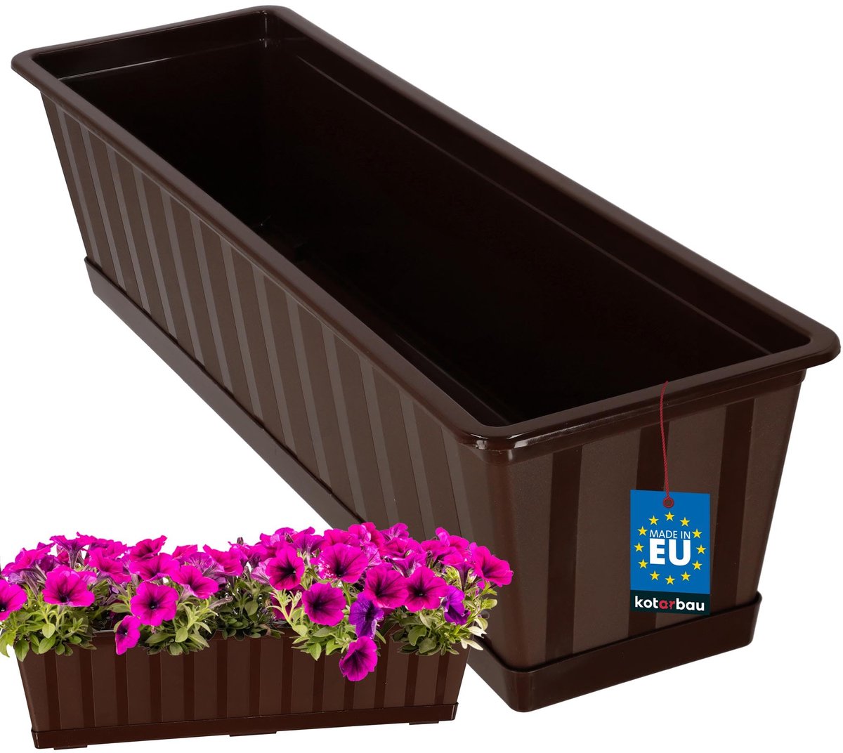 KOTARBAU® Balkonbak, Bloembak voor Balkon, Kunststof, 60 x 18 x 14 cm, Plantenbak, Bruin, Plantenbak Balkon, met Schotel, Rechthoekig