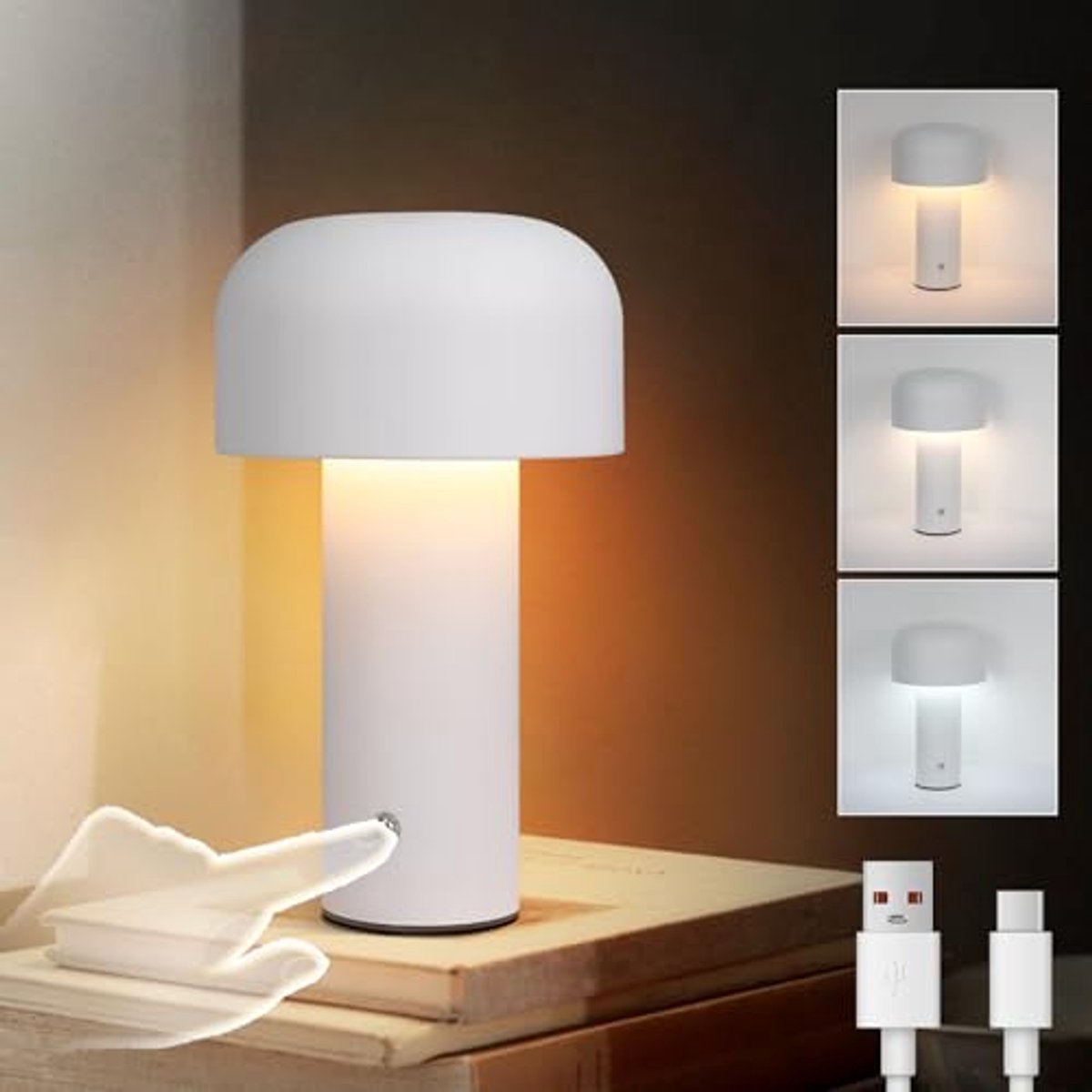 Glitzerlife - Tafellamp Bedlampje Nachtlampje - Draadloos Oplaadbaar - LED Paddenstoel Tafellamp - 3 Kleurtemperaturen Dimbaar Geheugenfunctie USB-C Snelladen Oogbeschermend - IJzeren - Ø12.5cm - Wit