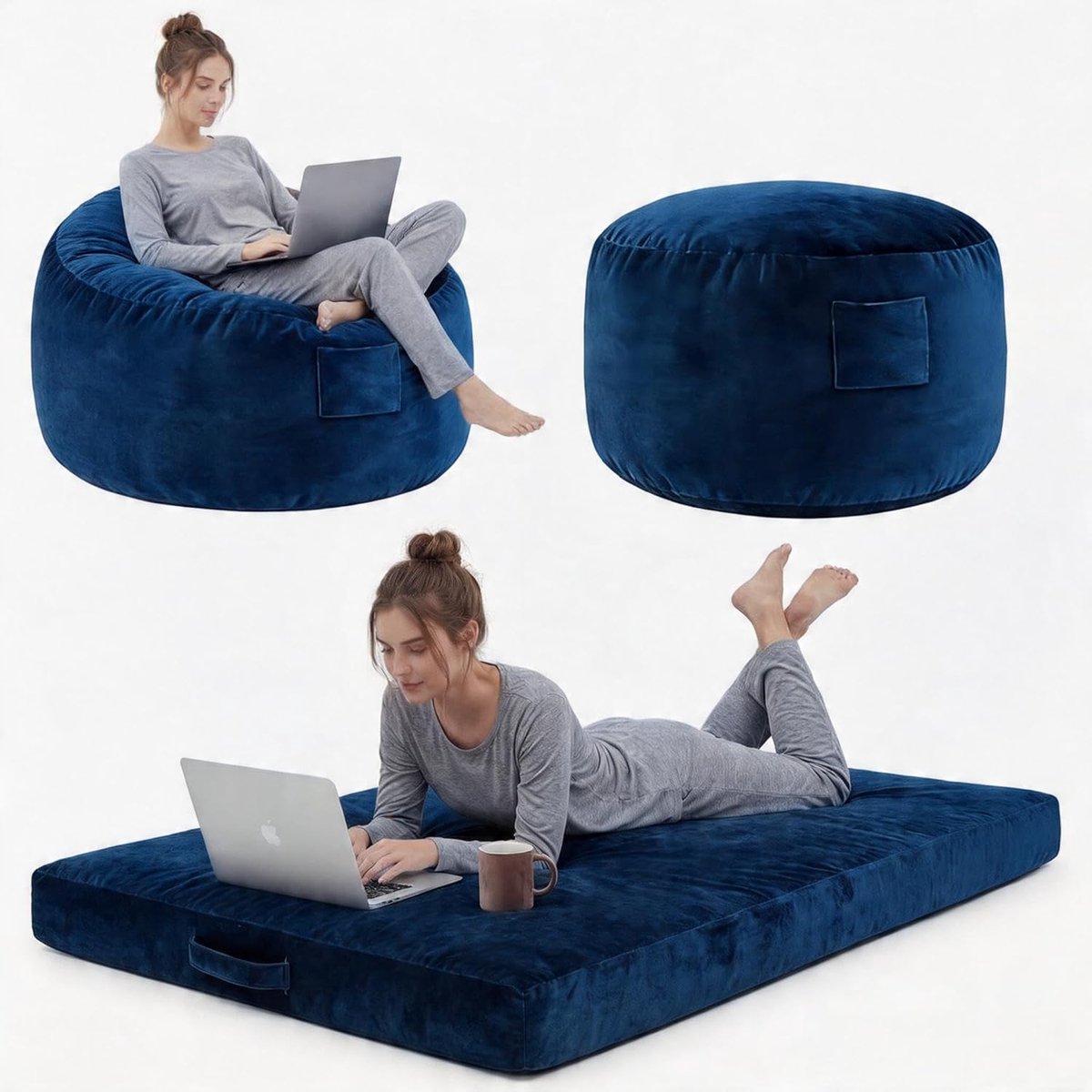 Grote 4-in-1 Omvormbare Zitzak & Loungebed - Met Traagschuim Vulling en Wasbare Hoes - Zacht Flanel - 112x112 cm