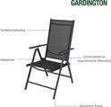 Zwarte inklapbare tuinstoel met textilene bekleding, aluminium frame en comfortabele zithouding.