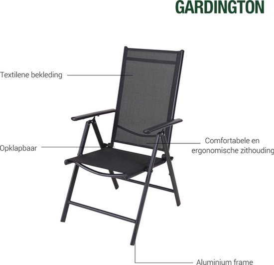 Zwarte inklapbare tuinstoel met textilene bekleding, aluminium frame en comfortabele zithouding.