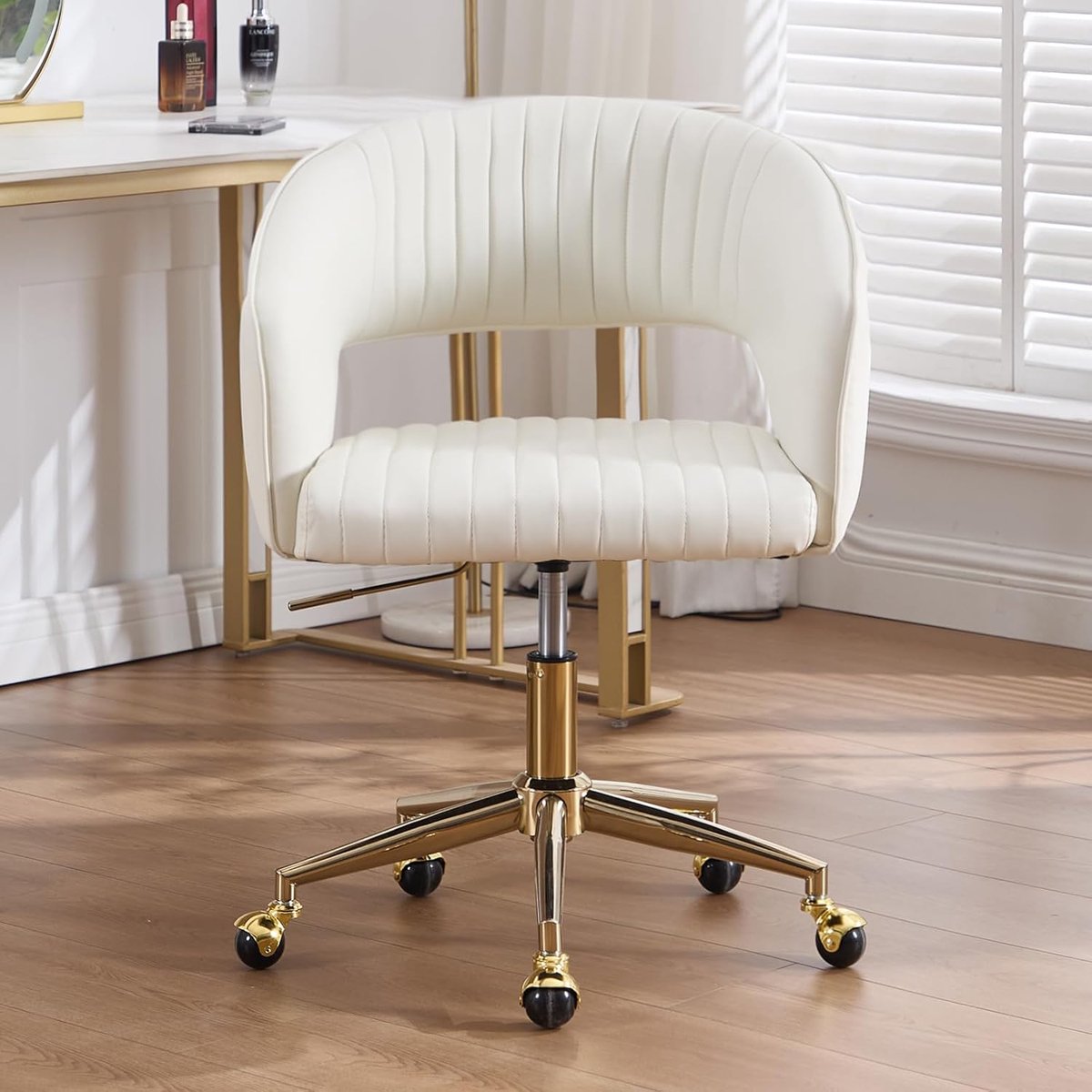 Bureaustoel Verstelbaar met Wielen - Chenille Draaistoel met Armleuningen, Open Rug Home Office Stoel wit- 60x57x76 cm - Vermissen