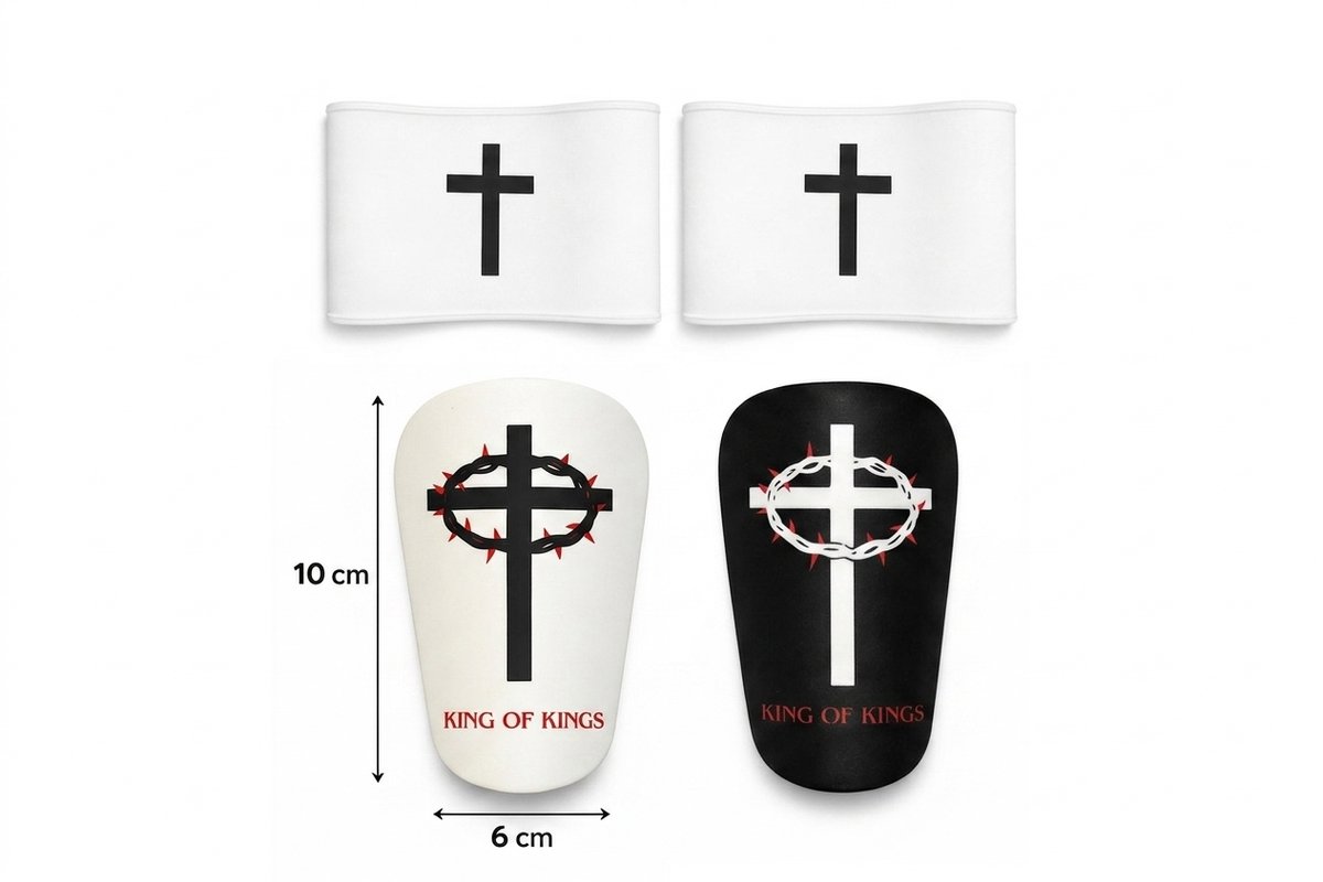 KINGS OF KINGS - bundel pakket zwart & wit - christelijke shinpads - christelijke mini scheenbeschermers 10x6 - enkelbandje voetbal - sokstopper voetbal