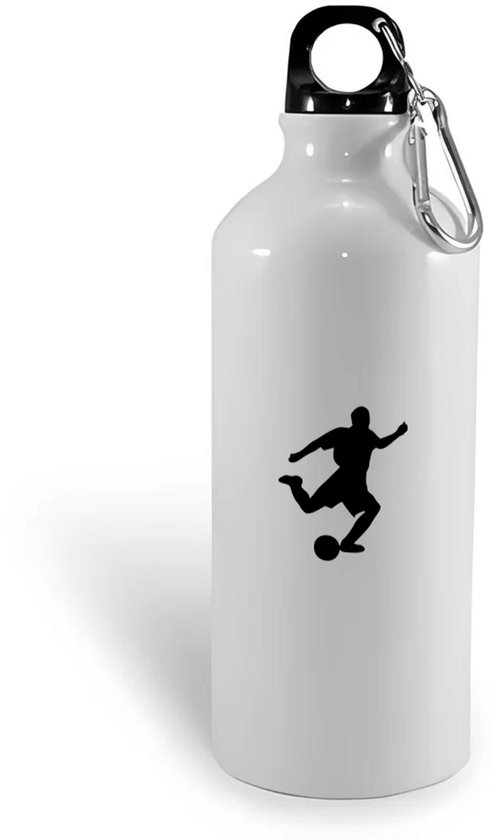 Gourde blanche avec une image de football noir d'un joueur frappant le ballon, avec mousqueton sur le bouchon.