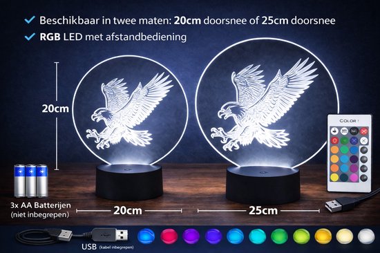 LED Adelaar Lamp 3D - RGB Nachtlamp met Afstandsbediening - 20cm - USB of Batterij - Unieke Cadeau Lamp van Br2 — afbeelding 3