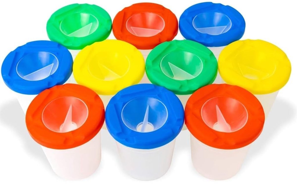 Dailygoods - Dailygoody - Gekleurde Bekers met Deksel - Lekvrije Verfbekers - Geschikt voor Kinderen - 10 Stuks - Kunststof Inktbekers - Creatieve Activiteiten