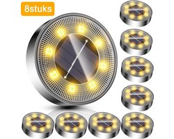 Merkloos LED Zonne-energie Grondspots - (8 stuks) Warm wit - RVS met 8 LED-spotjes - Grondspots op zonne-energie - Buitenverlichting tuinlamp