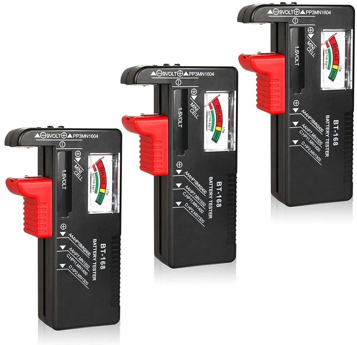 Dailygoods - Dailygoody - Universele Batterij Tester - Pack van 3 - Voor AAA AA C D 9V 1.5V Knopcellen - Batterijtest - Geschikt voor verschillende batterijformate...