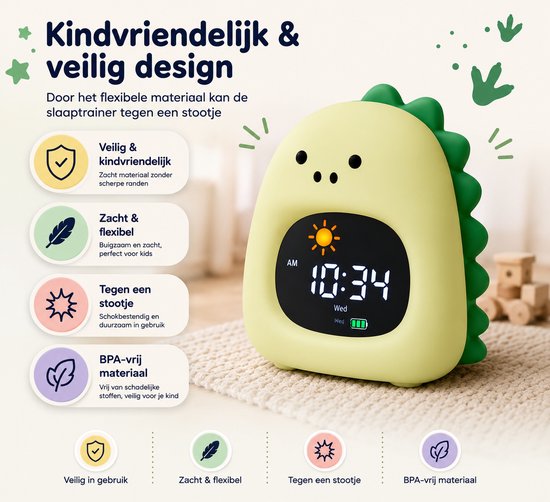 Lichtgele dinosaurus slaaptrainer met groene stekels. Zacht en flexibel, BPA-vrij materiaal. Met digitale tijdsaanduiding.