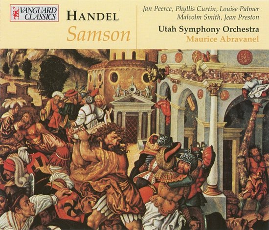 Een schilderij van de opera 'Samson' van Händel, met Samson die de tempel vernietigt. De titel en cast staan bovenaan.