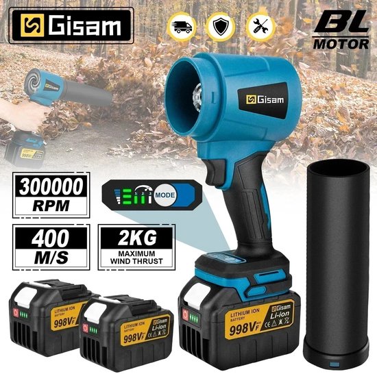 Gisam TurboJet Pro - Accu Bladblazer - 400 m/s - 300000 RPM - Borstelloze Motor - Incl. 2 Accu’s - Compatibel met Makita 18V van Gisam® — afbeelding 3