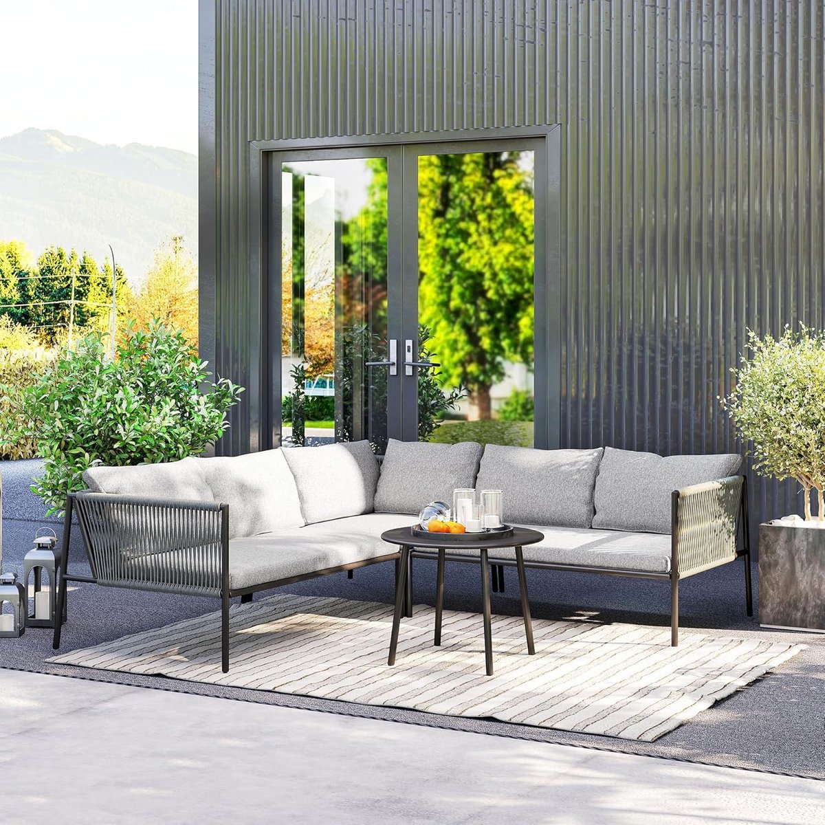 Tuinmeubelset 4-Delig 116x80x60,5 cm Polyrotan Loungeset met Hoekbank, Ronde Tafel en Kussens Weerbestendig voor Tuin, Balkon en Terras Donkergrijs Mobili Bella