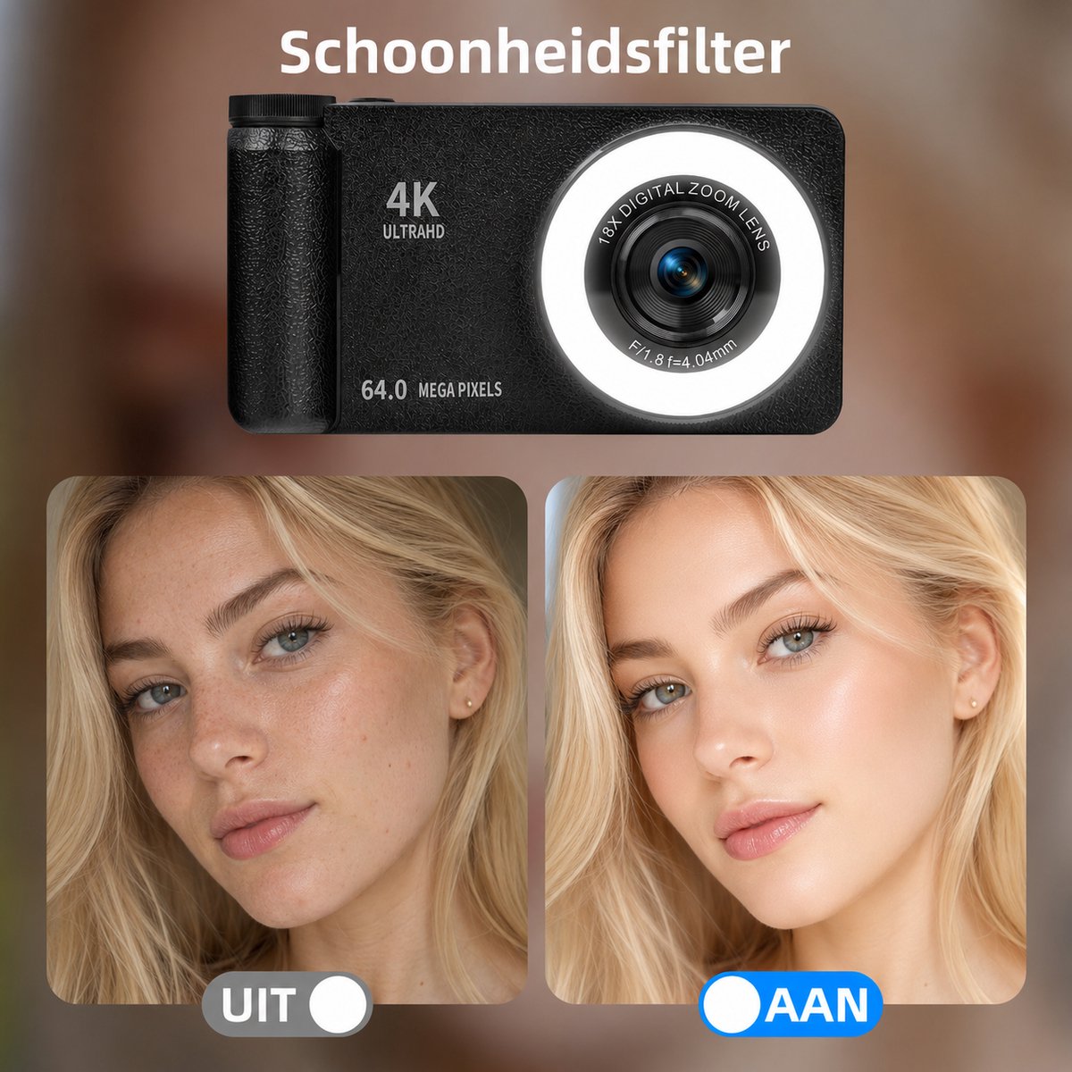 Nice win 4K 64MP Digitale Camera - Beauty Licht - 18X Zoom - Vlog Camera met 32GB Kaart thumbnail 5