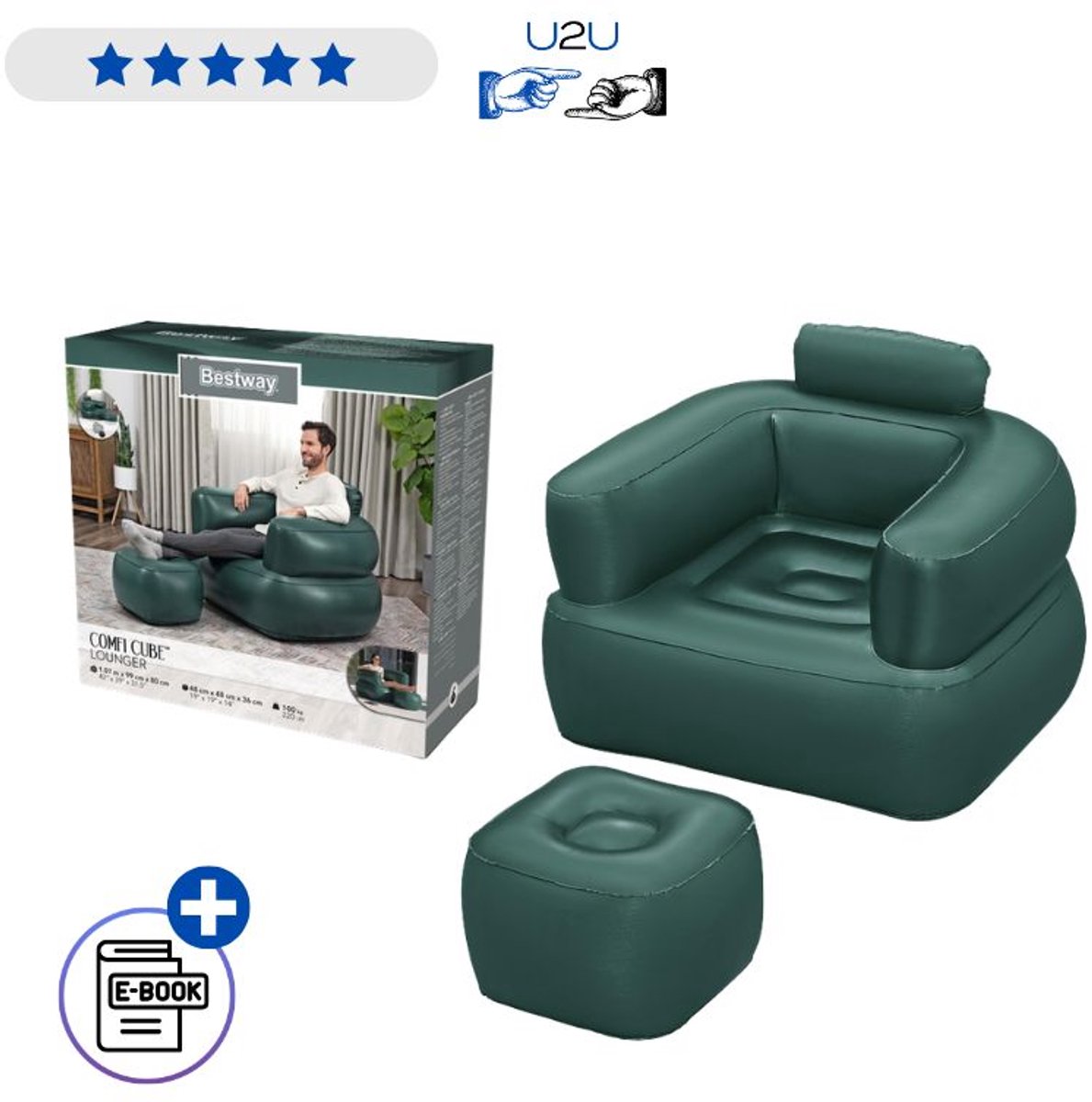 Bestway Opblaasbare Stoel 75137 Donkergrijs - Inflatable Armchair Voor Binnen En Buiten - Comfortabele Lounge Chair Met Zachte Velours Bekleding 107x99x80 cm Voor Camping Met Ebook