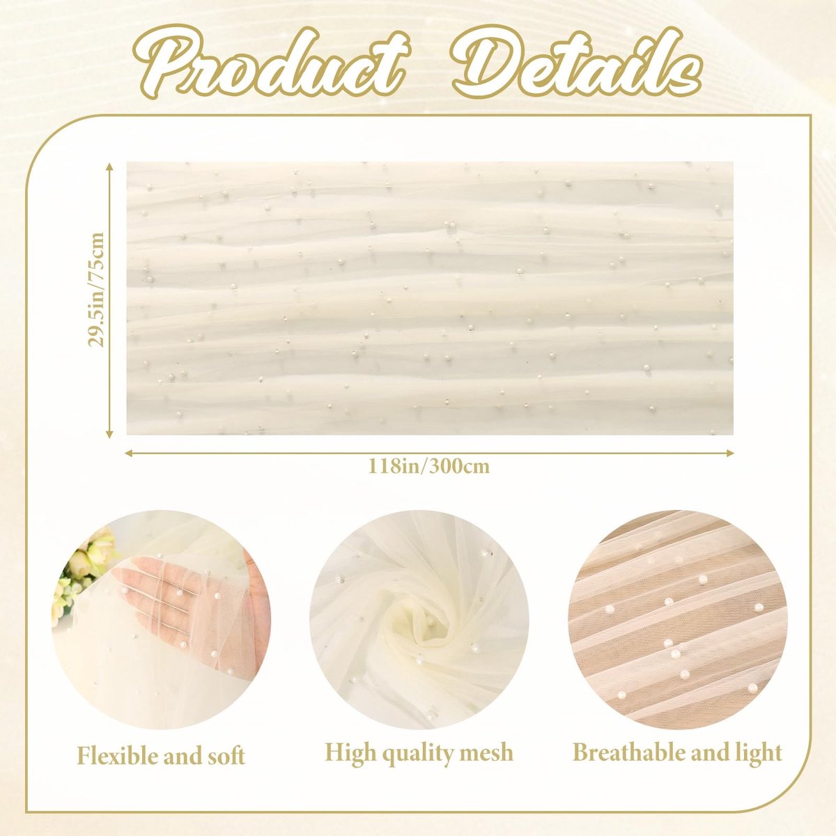 Dailygoody - Tafelloper - Bruiloftstafeldecoratie - Luxe parel en tule - Beige 75 x 300 cm - Kanten tafelkleed - Geschikt voor feestelijke gelegenheden