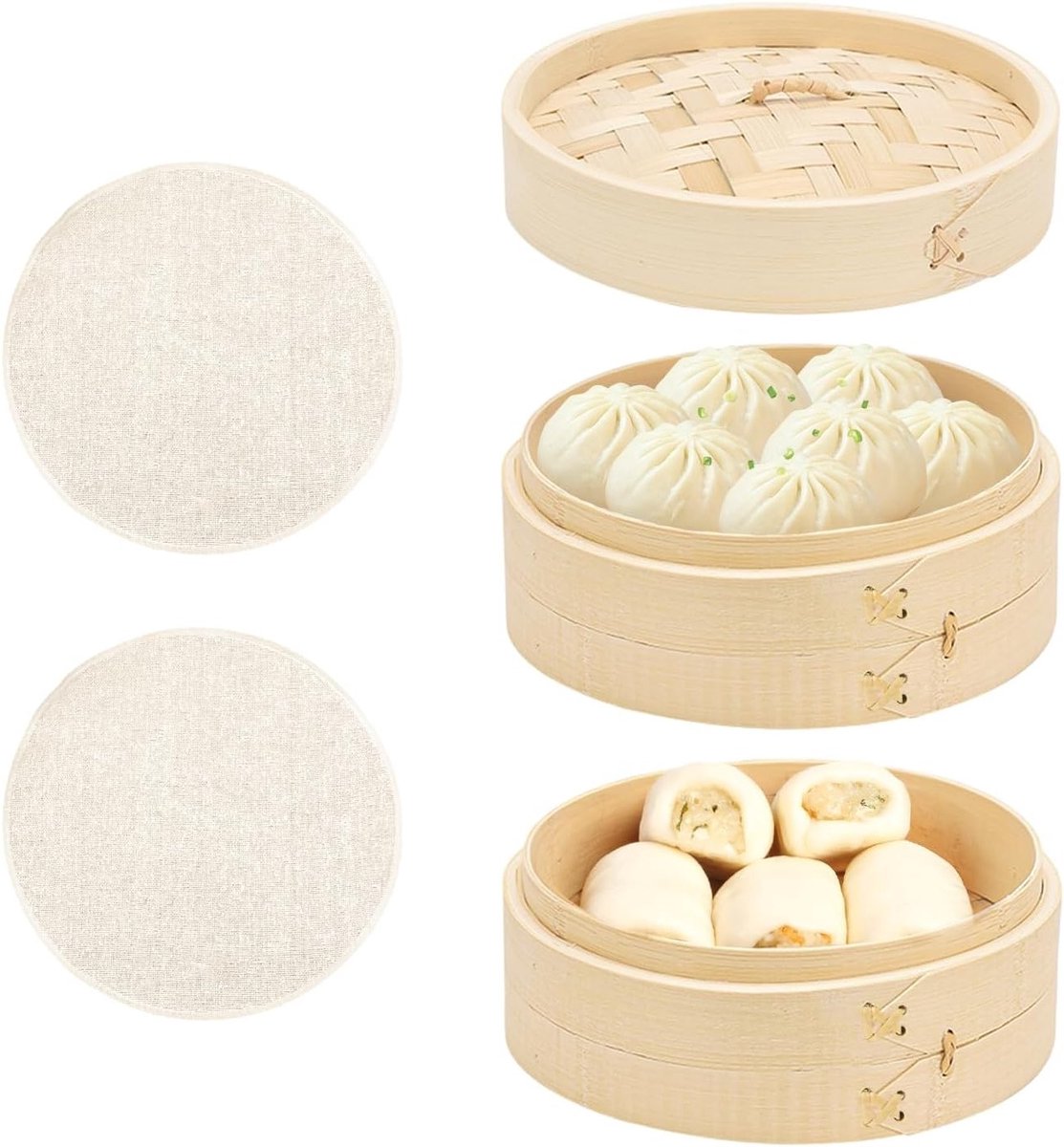Stoommandje van Bamboe met 2 Niveaus voor Dumplings, Rijst, Dim Sum en Groenten