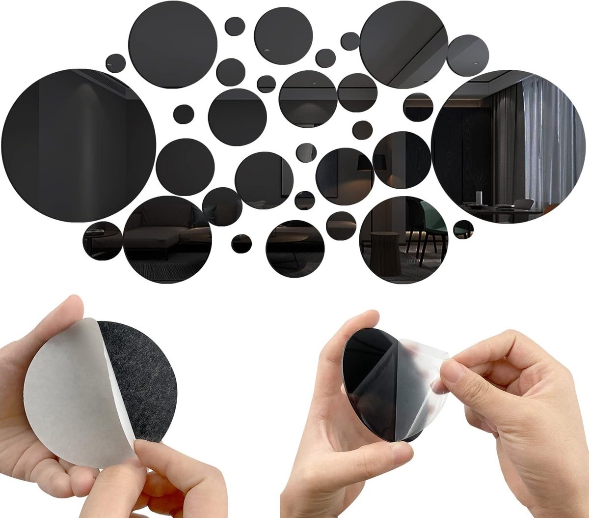 Ronde Acryl Spiegel Stickers Set van 32 Stuks in 6 Maten - Verwijderbaar voor Woonkamer, Slaapkamer en Interieurdecoratie (2.2/2.5/3.5/5.5/8/15cm) Zwart