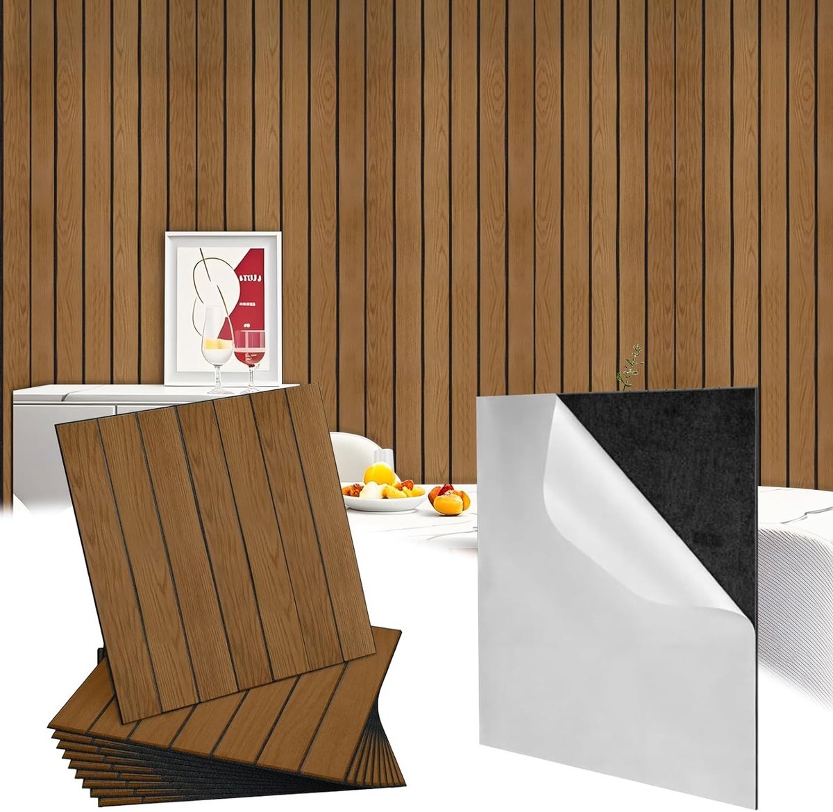 Zelfklevende wandpanelen in houten lattenlook, 30 x 30 cm, 12 stuks, tegels voor keuken, verwijderbare PVC wandpanelen, decoratieve wandbekleding, metro tegels in donker eiken kleur