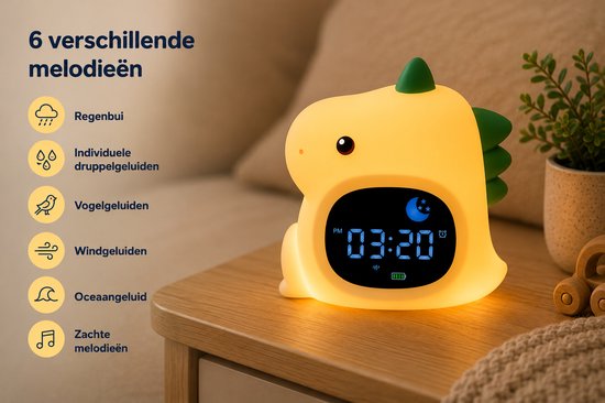 Gele dinosaurus slaaptrainer met groene stekels, oplichtend. Biedt 6 melodieën. Met digitale tijdsaanduiding.