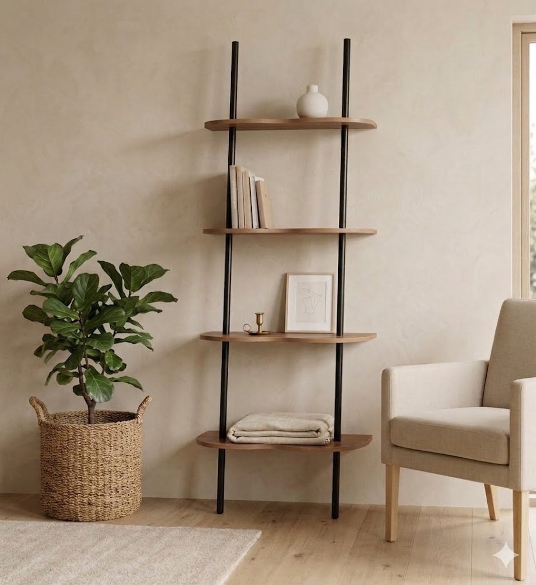 Modern Ladderrek Bruin - Gebogen Planken - 174x57 cm - Scandi Boekenkast - Wave Design Kast - Houten Ladderrek - Donkerbruin