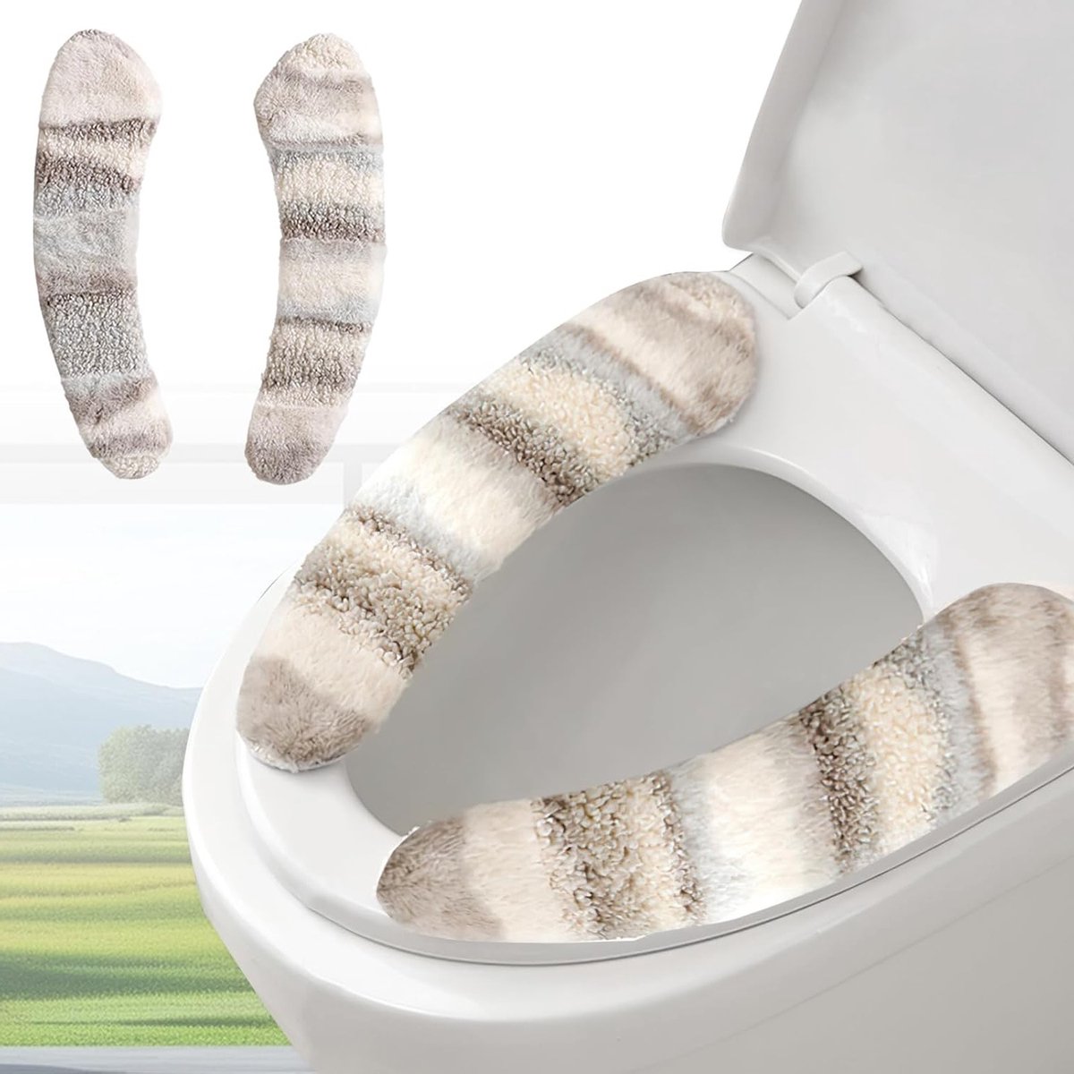 Dikke en Warme Pluche Toiletzitting Deksel - Wasbaar, Herbruikbaar Kussen met Comfortabele Isolatie en Streepdessin in Grijs voor Extra Warmte en Hygiëne