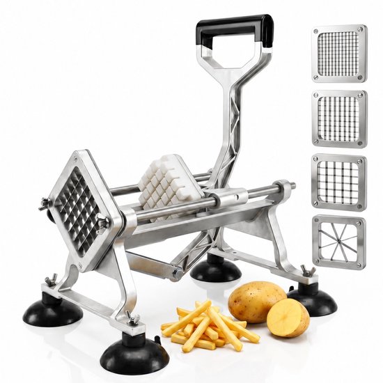 Aluminium frietsnijder met 4 verwisselbare messen, met een aardappel en friet.