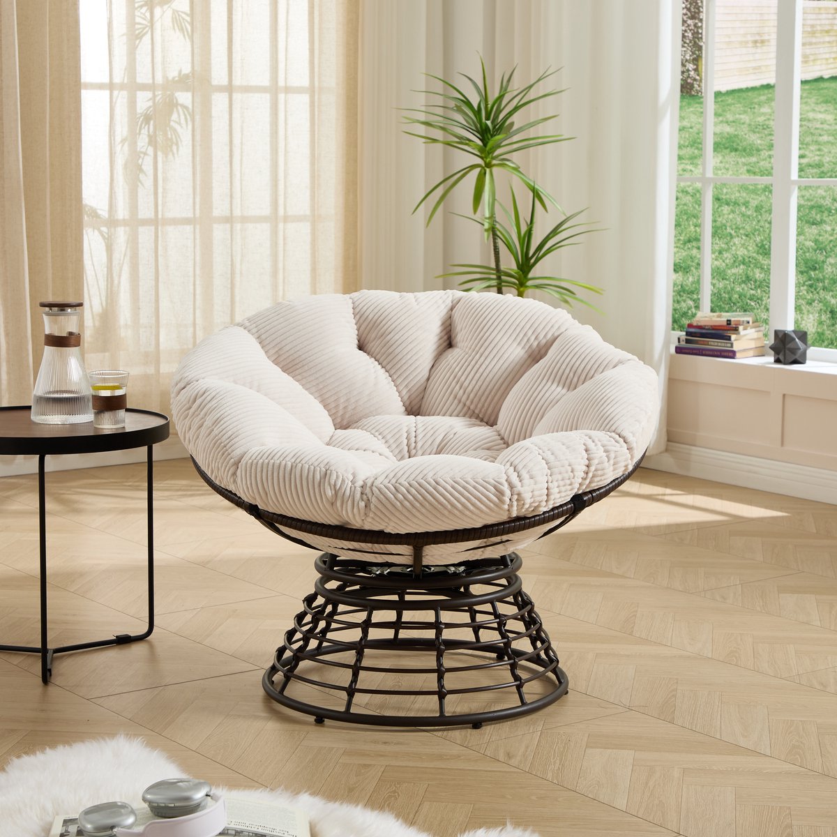 Schommelstoel - Ergonomische Papasan stoel - 360° rotatie - Relaxstoel - Loungestoel - Rotan Relaxstoel - Geschikt voor gebruik binnen en buiten - Wit