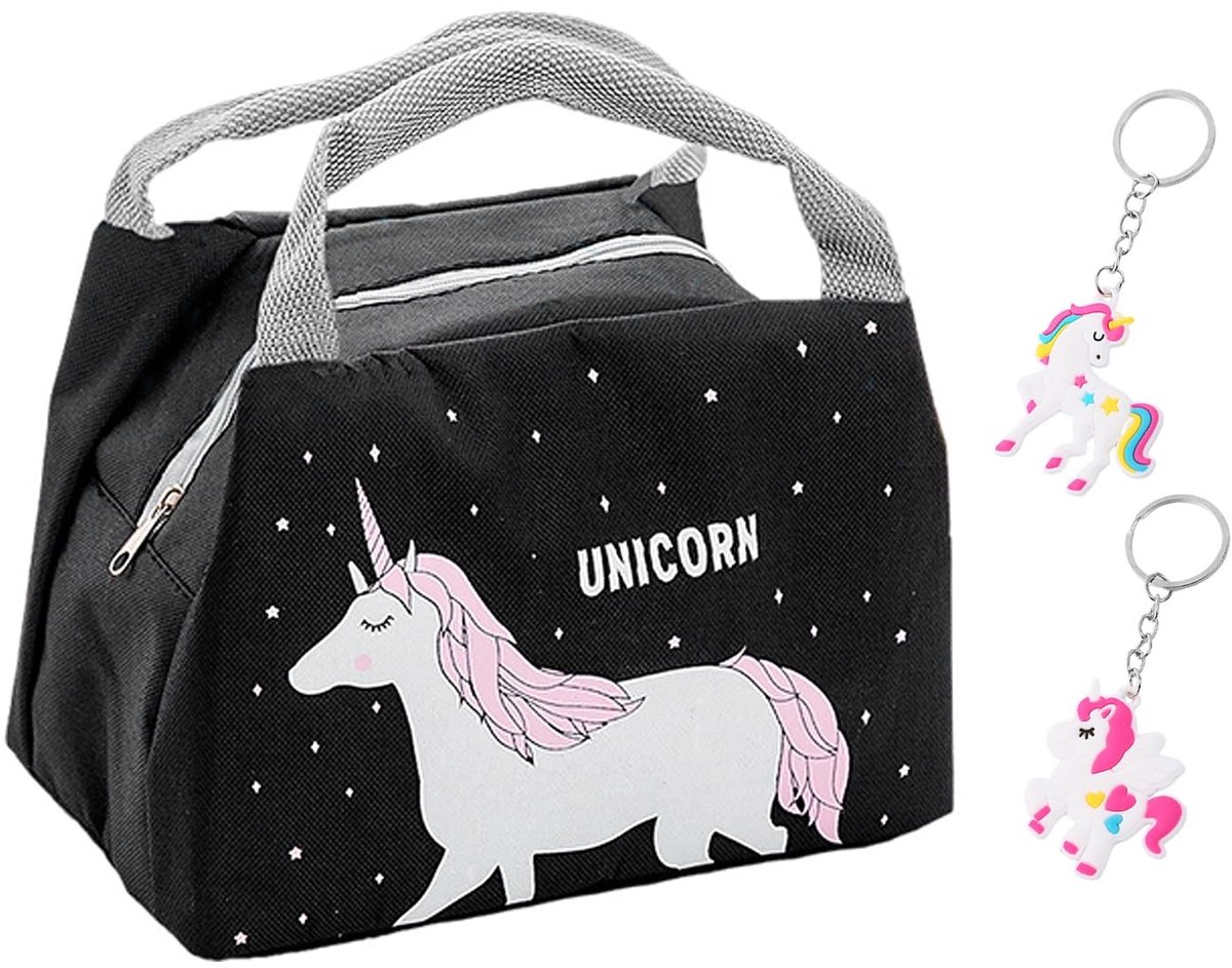 Dailygoods - Dailygoody - Eenhoorn-tas - Lunchtas voor meisjes - Perfect voor school en picknick - Zwart - Koeltas voor kinderen - Inclusief eenhoorn-hanger - Gesc