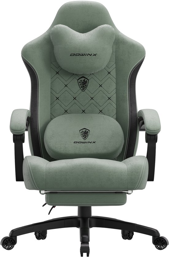 Dowinx Ergonomische Bureaustoel / Gamingstoel – Met verwarmde massage lendensteun – Met zakveer kussen en voetsteun – 150 kg draagvermogen – Voor gamen en werken – A PU-leer – groente