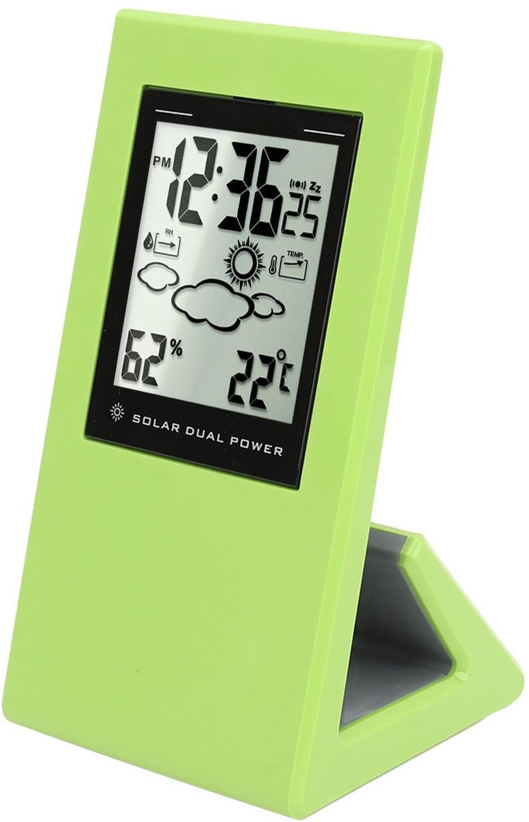 Dailygoods - Dailygoody - LCD-scherm op Zonne-energie - Weerstation - Klok met Timer - Groen - Temperatuur en Vochtigheid - Geschikt voor Thuis en Kantoor - Multif...