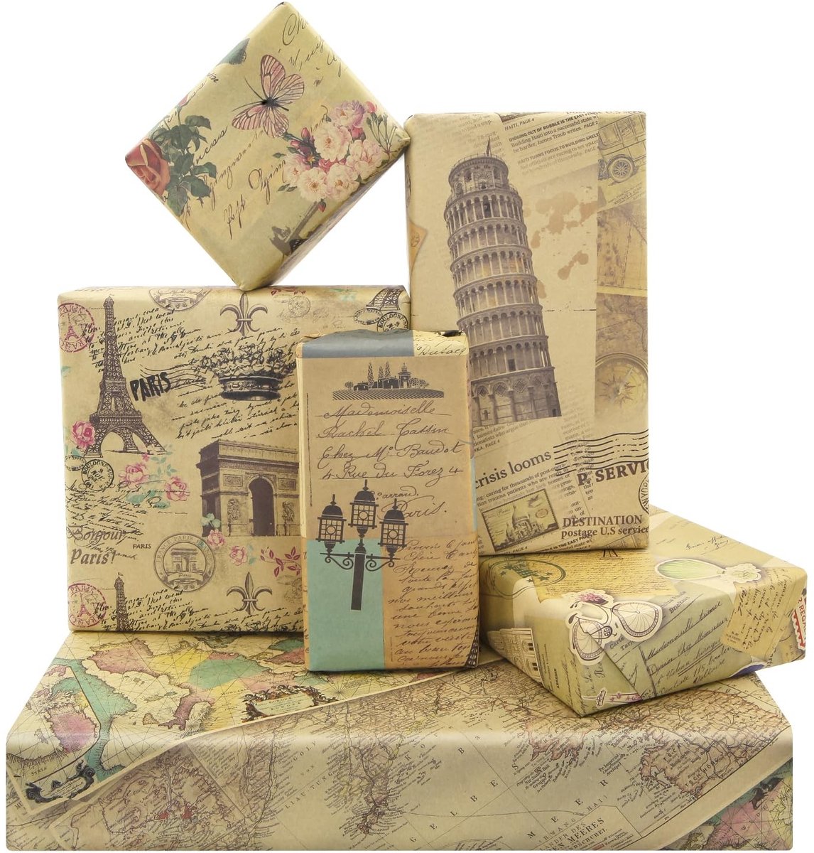 Dailygoods - Dailygoody - Vintage Franse Parijs Eiffeltoren - Fiets Kaarten - Creatief Inpakpapier - 50x70cm - Bruiloft Verjaardag - 6 Vellen 6 Ontwerpen