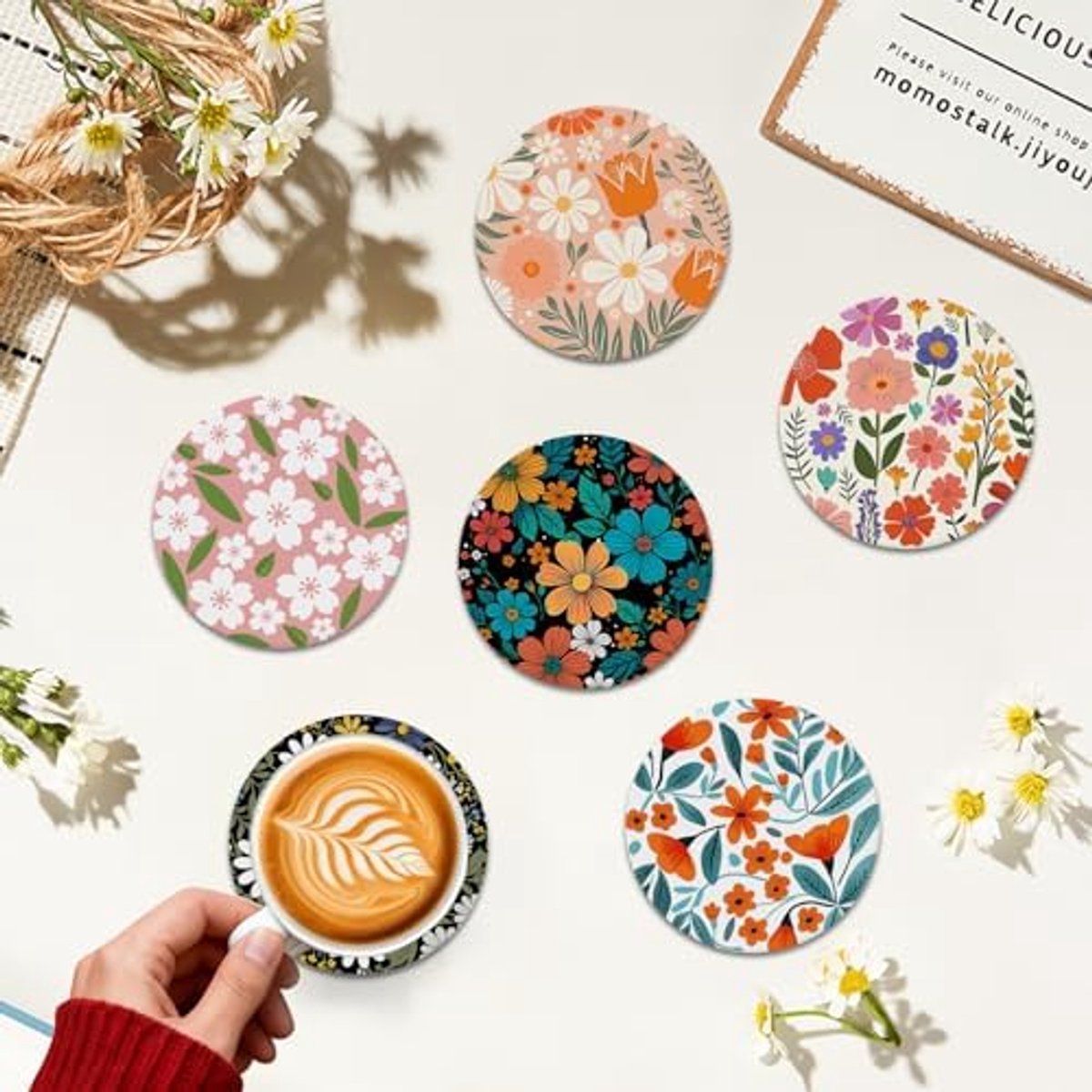 6 stuks onderzetters met bloemenmotief, absorberend, rond, antislip, voor dranken, koffie, bar, beker, decoratie, geschenken, 6 stuks