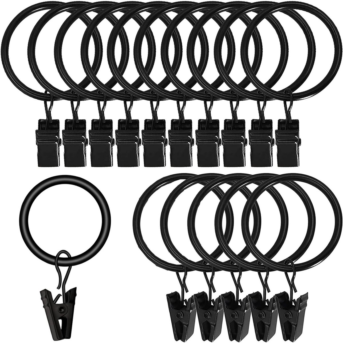 Set van 40 Zwarte Gordijnringen met Douchegordijn Clips, RVS Ringen voor Stang met Diameter - Duurzaam en Stijlvol Accessoire voor Raamdecoratie