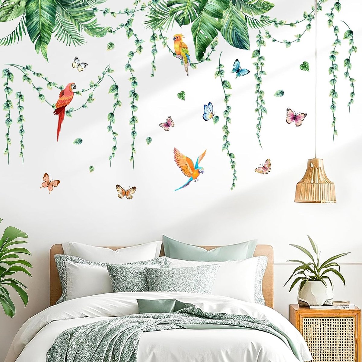 Muurstickers met tropische bladeren en hangende tendrils voor kinderkamer, woonkamer en gang – Groene palmbomen en vogels voor een sfeervolle wanddecoratie