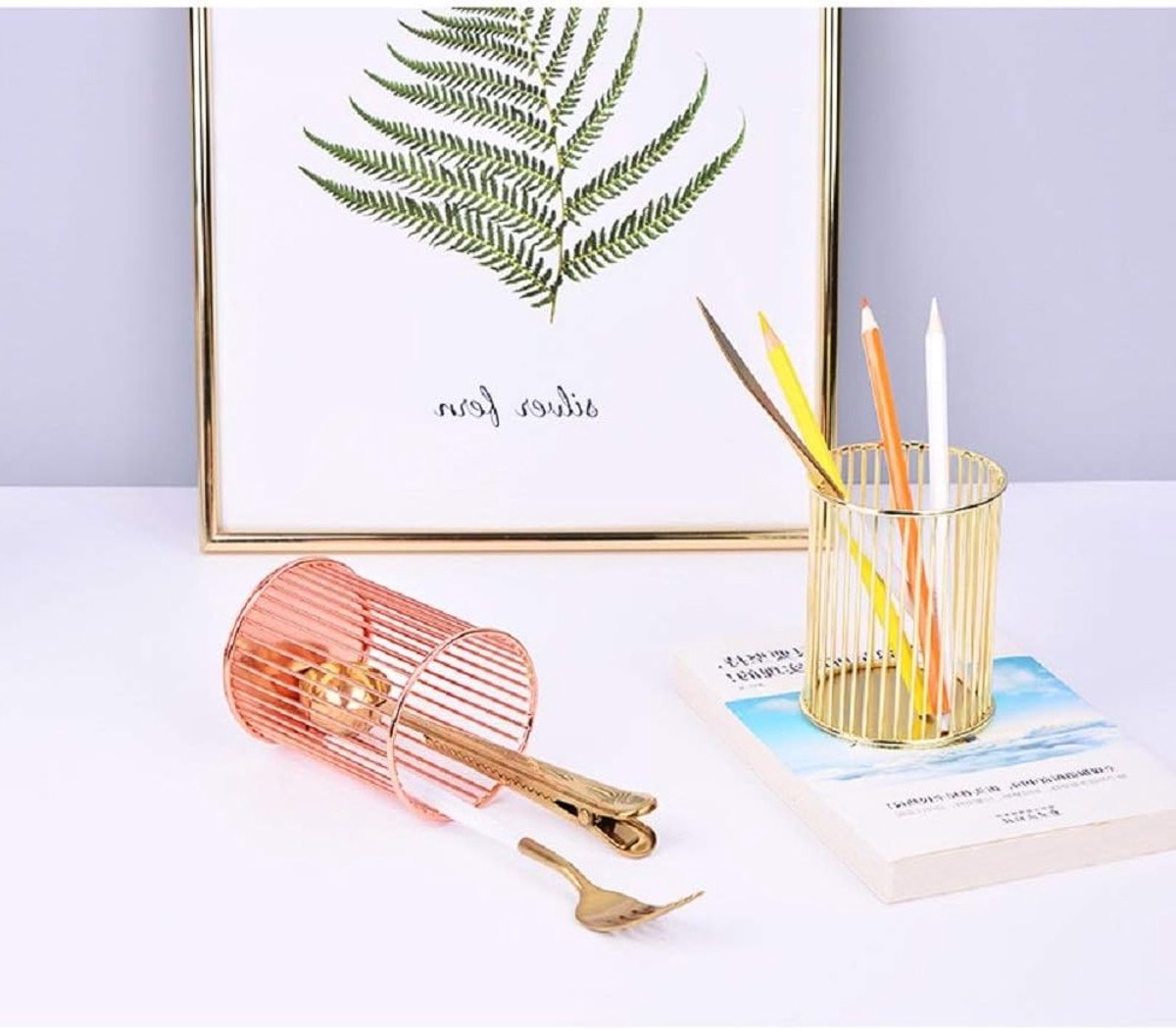 Stijlvolle desk pen holder van metaal, make-up kwastenhouder, 2-delige set in goud en roségoud, perfect voor organisatie en decoratie