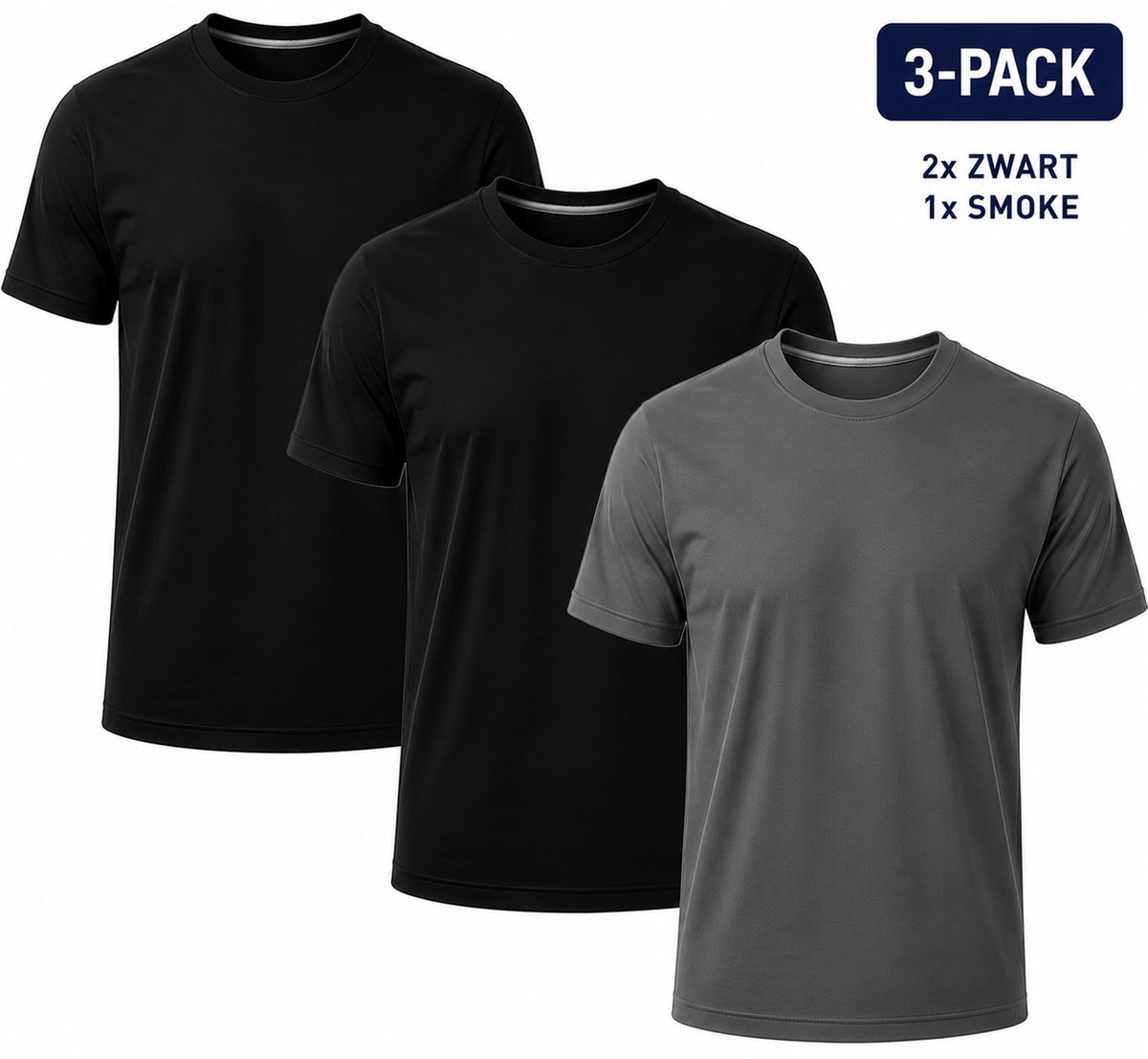 3-Pack - T-Shirts Heren - 100% Katoen - 2x Zwart Smoke - Comfort Fit - XL