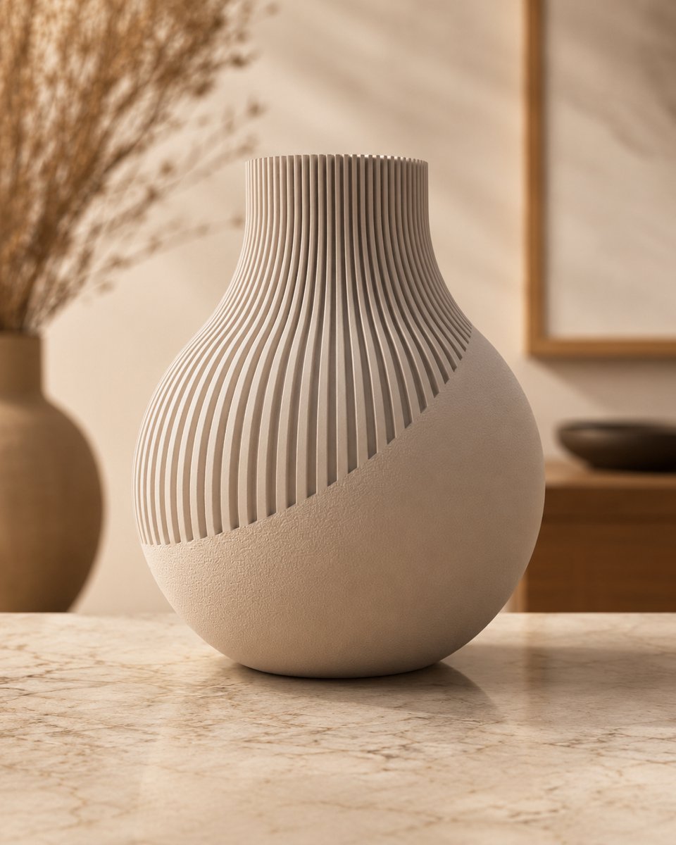 Skushy Schuine Japandi Vaas Set - Moderne Decoratieve Vazen - Ribbel Design - Scandinavische Woondecoratie - Latte