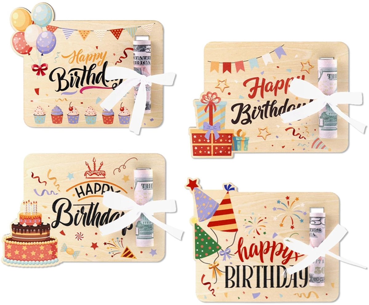 Dailygoods - Set van 4 Houten Verjaardagskaarten voor Geldcadeaus