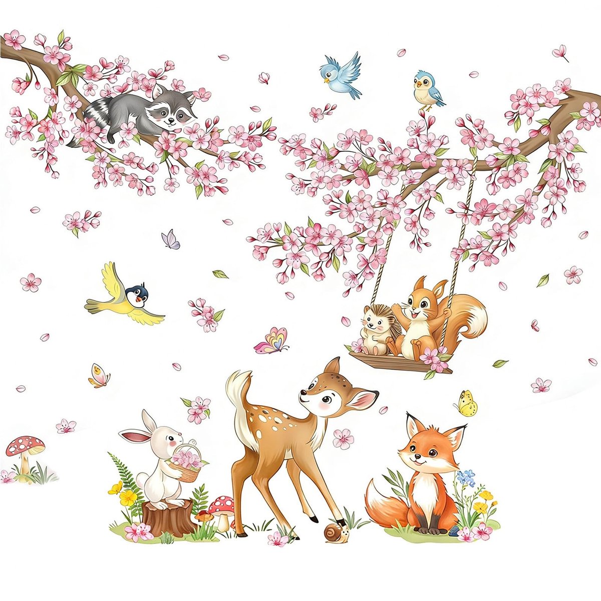 Dailygoods - Roze Muursticker Kersenbloesem met Bosdieren voor Wanddecoratie