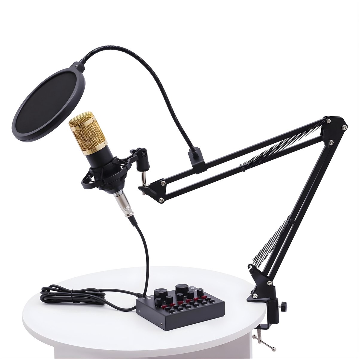 Condenser Microfoon Set V8 – Live Sound Card Audio Mixer met USB Microfoon en Metalen Shock Mount – Studio Recording Set – Multifunctioneel (Zwart/Goud)