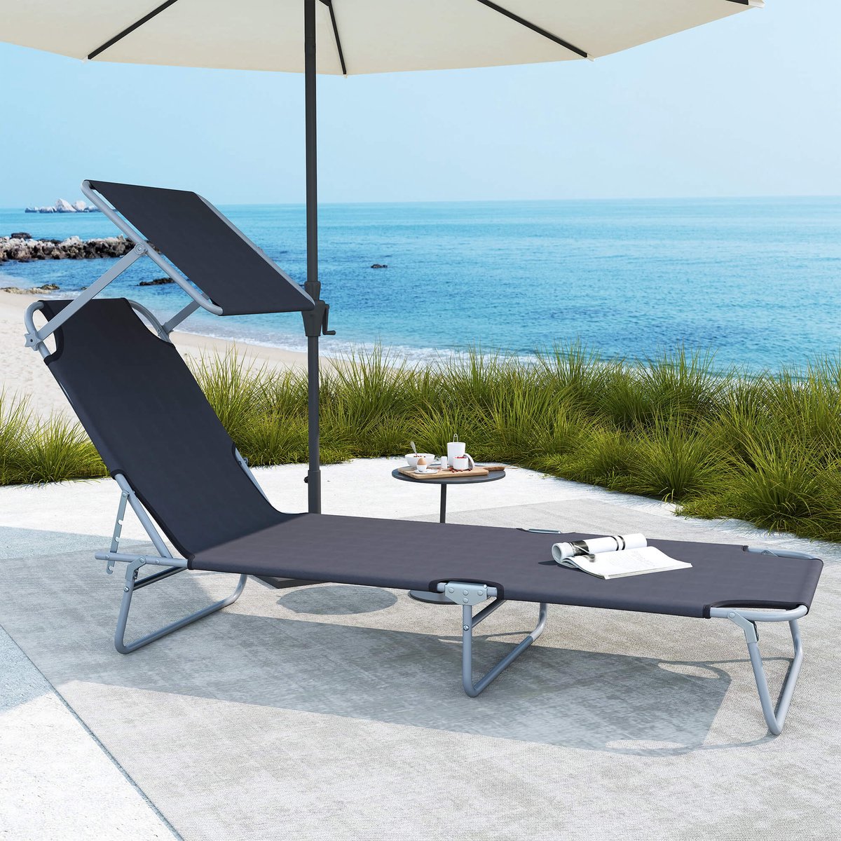 Pugsdrly Opvouwbare ligstoel Tuinligstoel met zonnescherm Wellnessligstoel met 4-voudig verstelbare rugleuning Strandligstoel belastbaar tot 120 kg Geschikt voor tuin, balkon en zwembad, 6 kleuren (grijs)