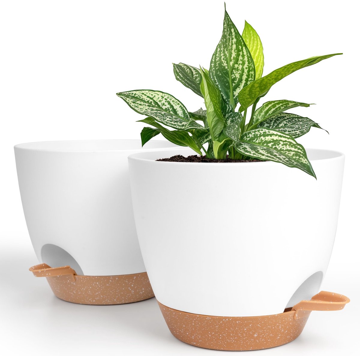 Dailygoody - Zelfwaterende Plantenpot - Bloemenpot - Wit & Bruin - Modern Design - Met Drainage Gaten - Geschikt voor Binnen- en Buitenplanten