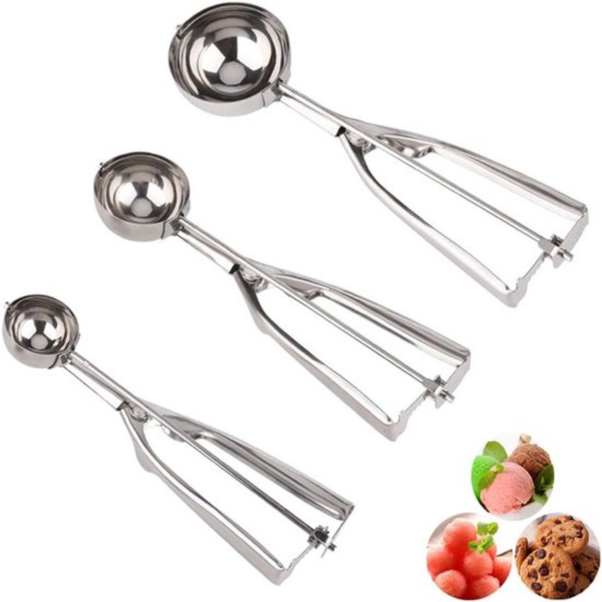 IJsschep Set van 3 - RVS IJsschep - Ergonomische Koekjesschep met Trigger - Veelzijdige Voedschep voor Cupcakes, Vleesballen, Fruit - Afwasmachinebestendig - Zilver - 3-delig