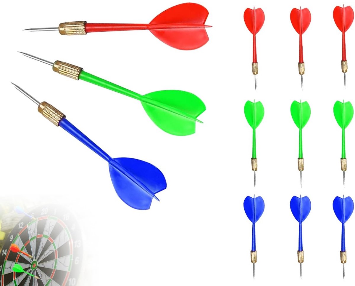 Dailygoody - Set van 9 dartpijlen - Professionele dartpijlen - Ideaal voor kinderfeestjes - 11 cm - Stalen dartpijlen - Voor kinderen - 3 kleuren